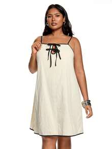 Solavibe Plus Size Tie Front Contrast Trim Textured Fabric Casual Vacation Slip Dress - Apricot - View 6