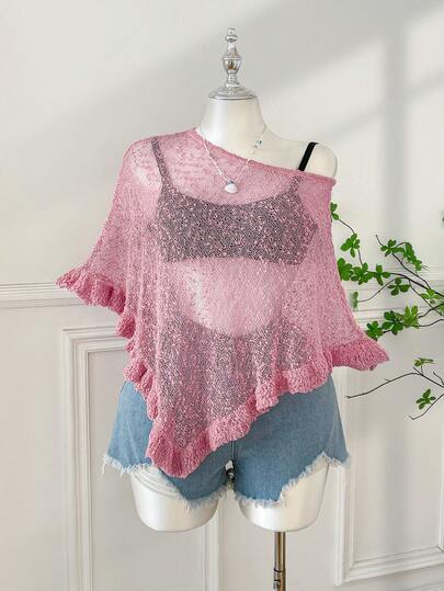 SHEIN EZwear Poncho casual de ganchillo semitransparente con volantes en el bajo, color verde, talla grande, adecuado para salidas de verano y citas