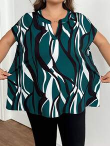 SHEIN CURVE+ Plus Size Women's Printed V-Neck Batwing Short Sleeve Casual Shirt Women Blouses Summer Tops Shirts - Multicolor - View 8