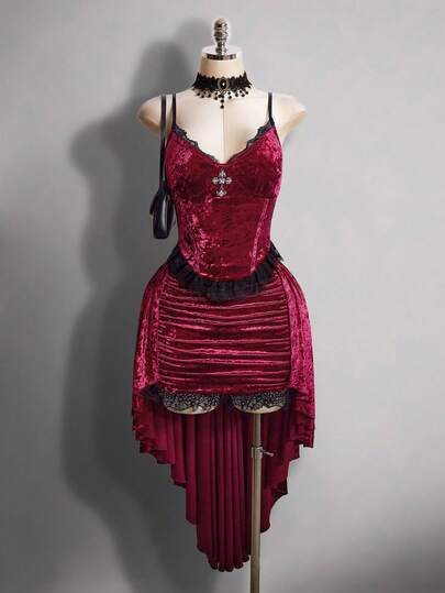 SHEIN ICON Plus-Size Women's Sexy, Fashionable, Avant-Garde, Bold Millennial Style, Y2K Dark Punk Gothic Style, Burgundy Diamond Velvet Spliced ​​Lace V-Neck Metallic Rhinestone Cross Decoration Fitted Top, Short In The Front And Long In The Back, Pleated Skirt Set