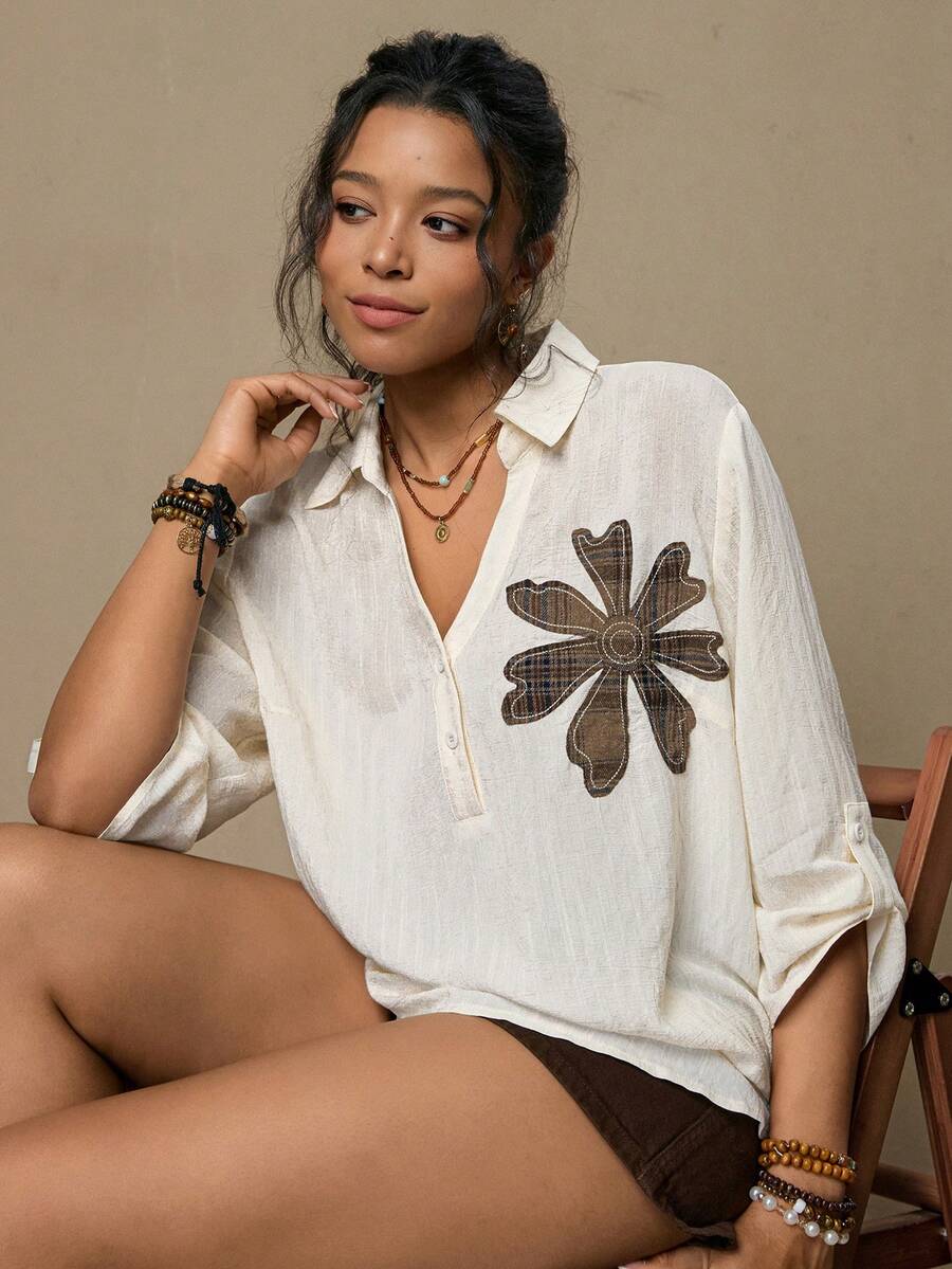 SHEIN VCAY Áo kiểu dáng rộng rãi, phong cách retro bohemian phương Tây, thêu hoa, cổ bẻ, tay lỡ 3/4 dành cho nữ. - trắng - Xem 1