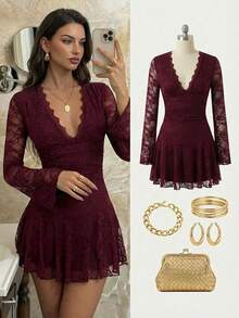 Aloruh 酒红色浪漫约会之夜新款深V领长袖蕾丝拼接腰部A字连衣裙，适合冬季穿着 - 酒紅色 - 查看 9