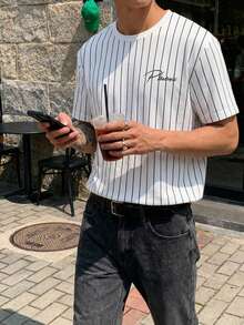 SWAVVY 男士圆领短袖标语T恤，休闲都市夏季针织T恤上衣，情侣装