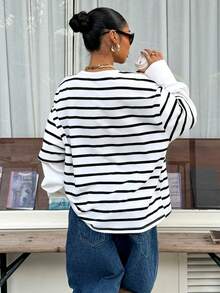 Muchica 女士新款二合一条纹圆领宽松长袖T恤，休闲百搭，适合返校和日常穿着，女士超大款条纹长袖T恤 - 黑與白 - 查看 2