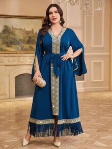 Reflora Plus Size V-Neck Cape Sleeve Vintage Elegant Dress, Sky Blue Autumn Modest Wedding Guest Bridesmaid Party Dresses, Women Arabian Turkish Luxury - Blue - View 4