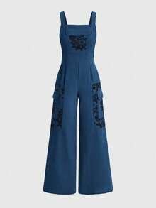 ROMWE Hippie Women's Casual Jumpsuit With Cargo Pockets & Cashew Print - Blue - View 2