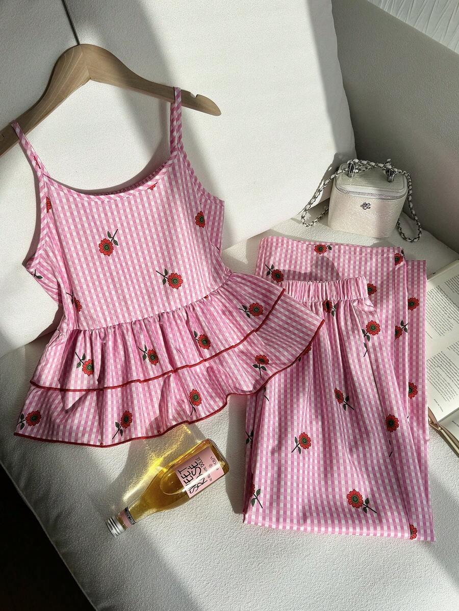 SHEIN 2pcs/Set Girls Casual Vacation Cute Red Floral Plaid Set, Plaid Camisole Top With Ruffle Hem + Loose Wide Leg Pants, Suitable For Daily Outing And Vacation - Red and White - View 1