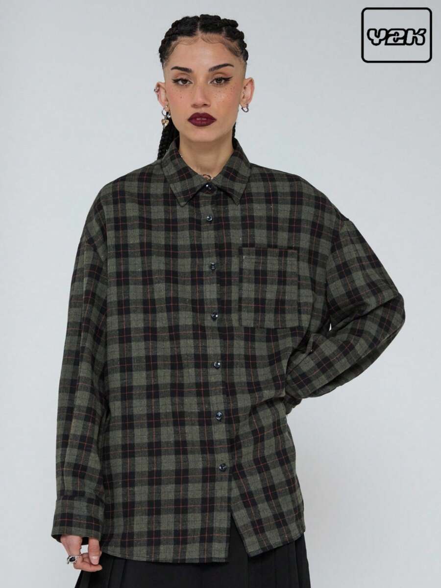 COUREZ Long Sleeve Cinched Shirt In Grid Check /Spring Outfits For Women Spring Tops Y2K Black Tops Spring Outfits Elegant Cozy - Army Green - View 1