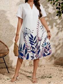 EMERY ROSE Vestido de verano de talla grande para mujer con bordado de ojal y estampado floral patchwork - Púrpura polvoriento - Ver 3