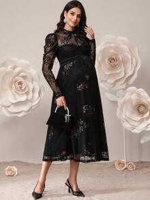 SHEIN 孕妇系领羊腿袖镂空优雅连衣裙 - 黑色 - 查看 6