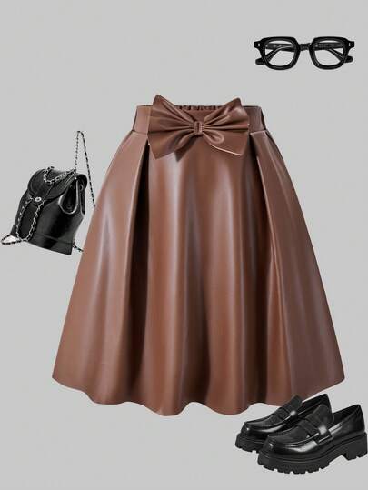 SHEIN ChillGRL Girls' PU Leather Skirt, Thick Fabric, Y2K Cute Style, Bow Waist Decor, Suitable For Casual, Party, Vacation In Spring And Autumn