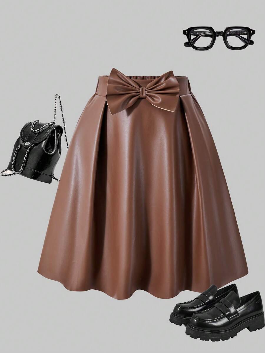 SHEIN ChillGRL 女童 PU 皮裙，厚实面料，Y2K 可爱风格，腰间蝴蝶结装饰，适合春秋季休闲、派对、度假等场合。 - 摩卡棕 - 查看 1