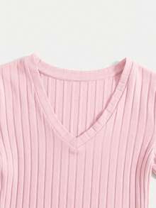 SHEIN EZwear 加大码粉色V领短袖罗纹休闲连体衣 - 粉色 - 查看 3