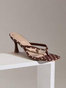 SHUZIA Women's Minimalist Fashion Comfy Dot Print Square Toe Stiletto Heel Thong Sandals - Coffee Brown - View 9