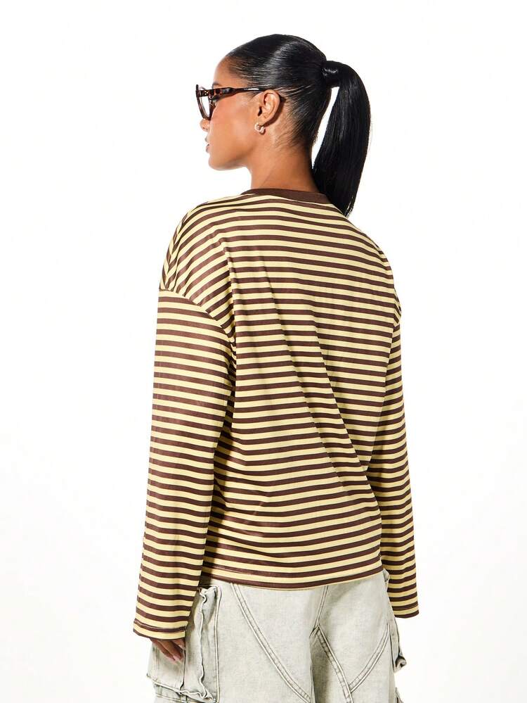 SUMWON WOMEN Long Sleeve Striped Crew Neck Tee