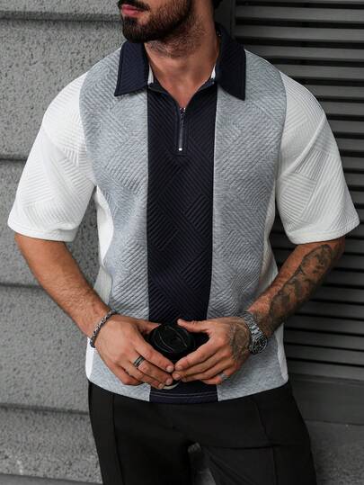 Manfinity CasualCool Men's Mature Casual Patchwork Contrast Color Polo Shirt, Versatile For Daily Wear,Men Old Money,Daily Leisure, Weekend Trips, Outdoor Activities, Travel Expeditions, Relaxed Work Environments Or Semi-Formal Occasions, Boyfriend/Husband Gift, Anniversary /Birthday Gift Party Summer Vacation Holiday,Wedding,Spring To Summer,Mardi Gras,Mens Modern Geometric Pattern Patchwork Polo Shirt With Quarter Zip And Short Sleeves For Everyday,Zipper Polo Shirt,Knitted Shirt For Men,Golf Shirt For Men,College Style Pattern Polo Men