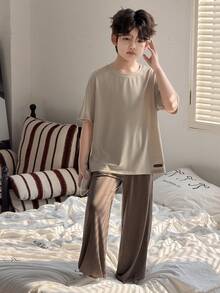 DAZY 男童纯色短袖上衣和裤子睡衣套装 春夏款 - 杏色 - 查看 4