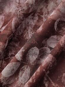 SHEIN MOD 大码复古印花图案女士迷你连衣裙，V领抽绳系腰喇叭袖休闲连衣裙，适合度假穿着 - 彩色 - 查看 3