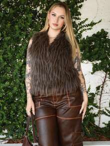 Arliah Giacca casual elegante e versatile in stile vintage con collo in pelliccia sintetica marrone, senza maniche, con chiusura a gancio, gilet in pelliccia sintetica marrone, cappotto in pelliccia sintetica marrone oversize casual e caldo per l'autunno e l'inverno, abbigliamento autunnale, abiti di Ognissanti, accessori autunnali e invernali, stile old money, Ognissanti - Castano - Visualizzare 4