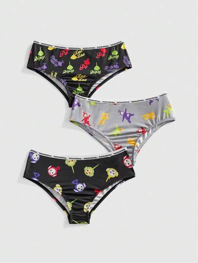 Teletubbies X ROMWE 3pcs Funny Cartoon Letter Tape Design Briefs