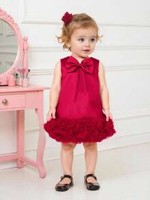 SHEIN 一件女婴舒适时尚优雅圆领无袖连衣裙，饰有可爱蝴蝶结下摆和花朵图案，基本款百搭连衣裙，适合春夏、休闲、户外、旅行、节日派对等场合。 - 酒紅色 - 查看 9