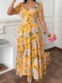 Flirla Plus Size Women Floral Print Sweetheart Neck Raglan Short Sleeve Ruffle Hem Elegant Dress - Yellow - View 3