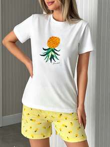 EURMUSE Conjunto de pijama feminino plus size de 2 peças em algodão com estampa de abacaxi: blusa de manga curta com gola redonda e shorts com estampa de abacaxi em cor contrastante. Ideal para usar em casa. - Multicolorido - Ver 5