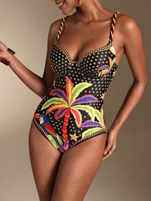 Swim Oasis 1 pieza Mono de playa con estampado de plantas tropicales y falda de cobertura, adecuado para Navidad, Año Nuevo, salidas de vacaciones - Negro - Ver 5