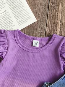 SHEIN Vintaside Kids Bộ quần yếm denim thêu hoa cổ tròn tay dài và quần yếm denim cho bé trai/gái 0-3 tuổi, phù hợp mặc ngoài trời, mua sắm và thường ngày - Màu tím hoa cà - Xem 4