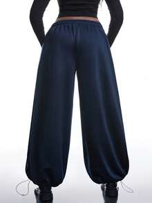 SHEIN EZwear Plus Size Solid Color Drawstring Waist Sweatpants, Versatile For Spring And Summer Graduation,Back To School Outfits,Graduation,Teacher Outfits For Women,Back To School - Navy Blue - View 2