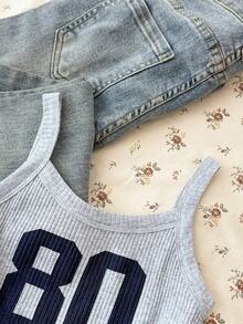 Tween Girls Floral Grey Camisole Knit Cropped Numeric Print Tank Top - Grey - View 4