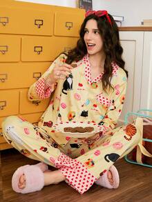 Chillnights Fashion Innovative Vibrant Sweet Cute Donut Cat Pattern Contrast Color Heart Front Open Women Pajama Set - Multicolor - View 5