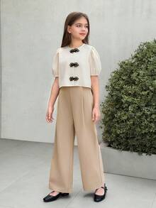 Firerie Kids 2件套 少女休闲时尚圆领纽扣泡泡袖上衣+直筒裤，春夏款 - 卡其色 - 查看 6