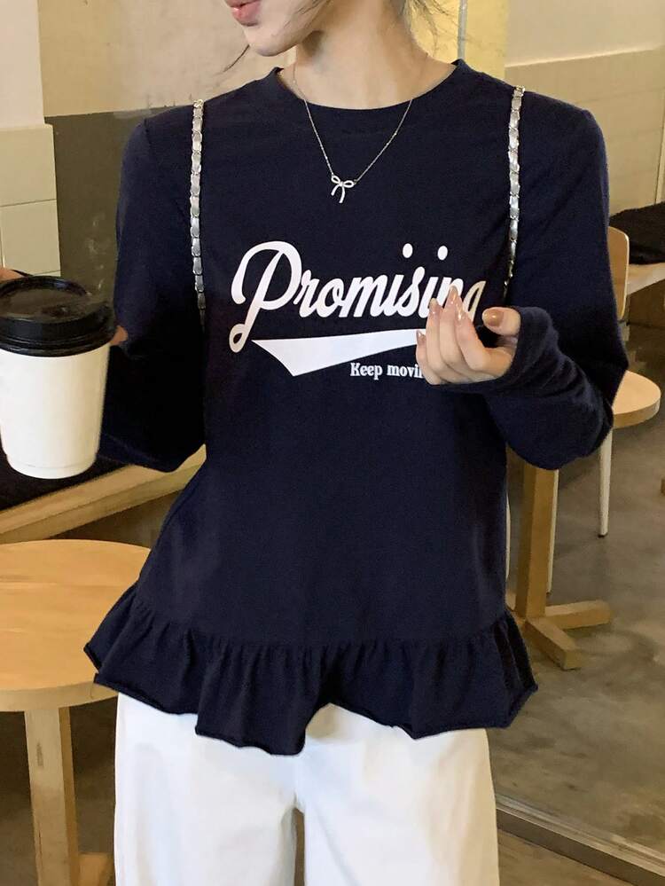 Women's Letter Print Round Neck Long Sleeve Ruffle Hem T-Shirt