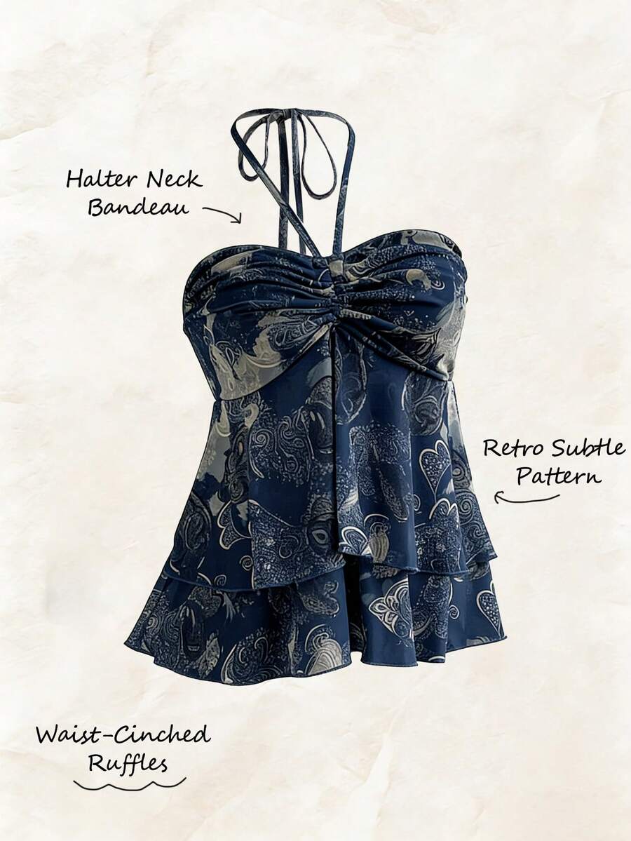 Olithes 女士时尚印花无肩带抹胸上衣 - 藍色 - 查看 1