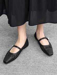 CUCCOO CHICEST 女士方头平底巧克力色金属扣套脚平底鞋，舒适休闲玛丽珍鞋，适合搭配连衣裙 - 黑網 - 查看 3