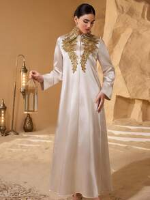 Al Najma 女士新款叠层造型解构立领亮片刺绣装饰领口花卉饰边奢华金色刺绣土耳其和阿拉伯传统长裙 - 香檳色 - 查看 4