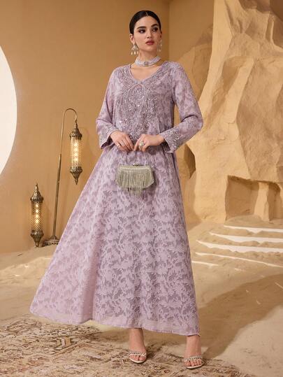 SHEIN Najma Luxurious Cutout Fabric Custom Collar Floral Decor Loose Fashionable Elegant Dress For Women  Modest Full Length Jalabiya, Casual Long Sleeve Maxi Dress Modest Dress For Women