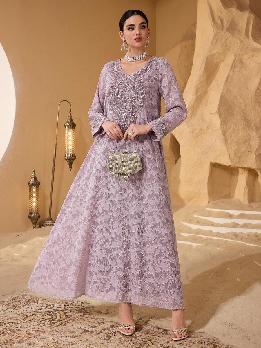 SHEIN Najma Đầm thời trang thanh lịch, sang trọng với chất liệu vải cắt xẻ, cổ áo thiết kế riêng và họa tiết hoa, dành cho nữ. - Màu tím - Xem 1