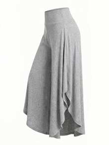 Franclia 2026新款罗纹针织不对称下摆长裤 - 直筒简约风格，休闲办公皆宜 - 灰色 - 查看 2