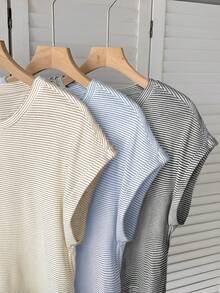 SHEIN LUNE 3件套女士休闲条纹短袖T恤套装，适合夏季度假、通勤和日常穿着 - 彩色 - 查看 6