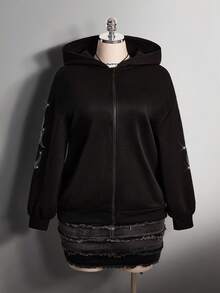 SHEIN ICON 大码女式休闲连帽衫，饰有水钻，前拉链 - 黑色 - 查看 4