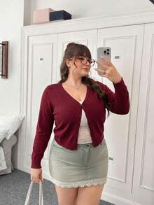 CovetEZ Cárdigan con cuello en V y botones, color vino tinto, talla grande, otoño/invierno - Burdeos - Ver 3