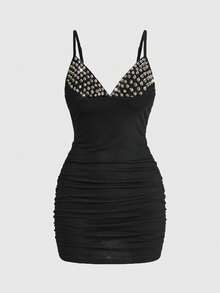 ROMWE Grunge Punk 性感暗黑朋克铆钉拼接褶皱迷你连衣裙（女款） - 黑色 - 查看 1