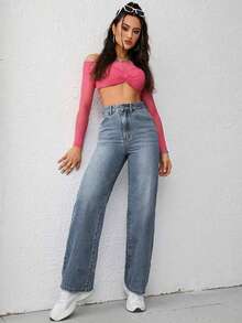 SHEIN ICON Plus Size Loose Fit Straight Leg Jeans, Street Style - Light Wash - View 4