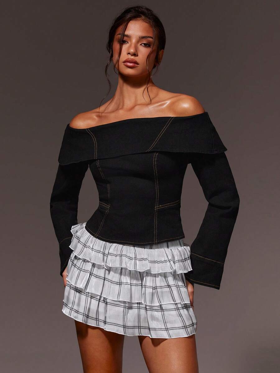 Athîral 女士休闲露肩长袖牛仔衬衫