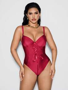 Shapewave Women's Sexy Shiny Red Lace-Up One-Piece Swimsuit, Fashionable & Slimming, Spring/Summer Valentine's Day One Piece Bathing Suit Full Coverage Valentines - Burgundy - View 5