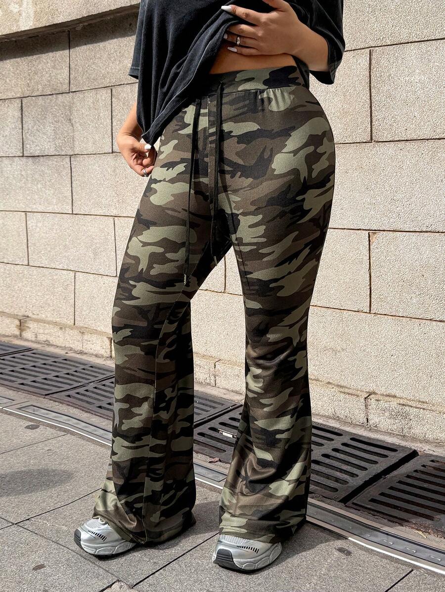 Muchica Plus Size Women Camouflage Print Drawstring Waist Casual Flare Pants/Winter - Multicolor - View 1