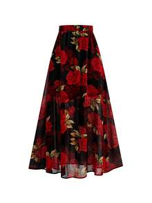 Ellevyn 女士纯红色不对称肩部褶皱露脐上衣搭配印花雪纺A字裙两件套，优雅百搭，适合日常穿着、情人节和早春场合。 - 彩色 - 查看 12