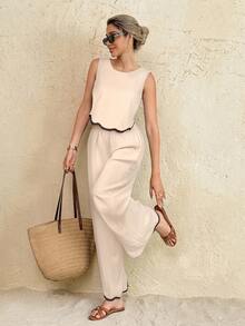 SHEIN Frenchy Damset med rund hals, böjd fåll och vida byxor för semester, 2 delar - Aprikos - Visa 4